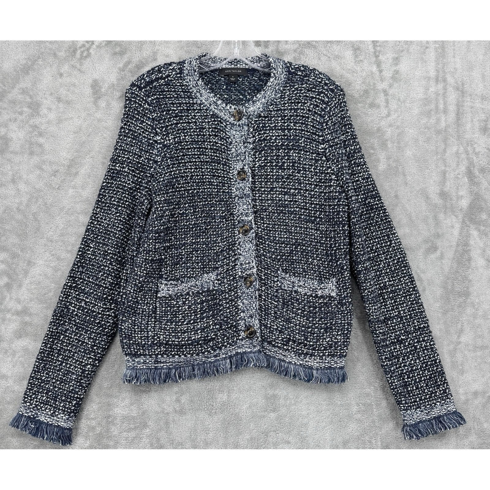 Ann Taylor Sweater Womens Medium Cardigan Sequin Fringe Button Career Classic